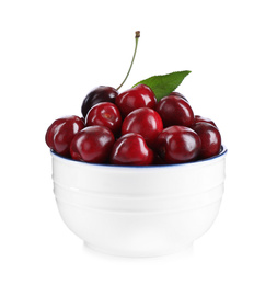 Photo of Tasty ripe red cherries in bowl isolated on white