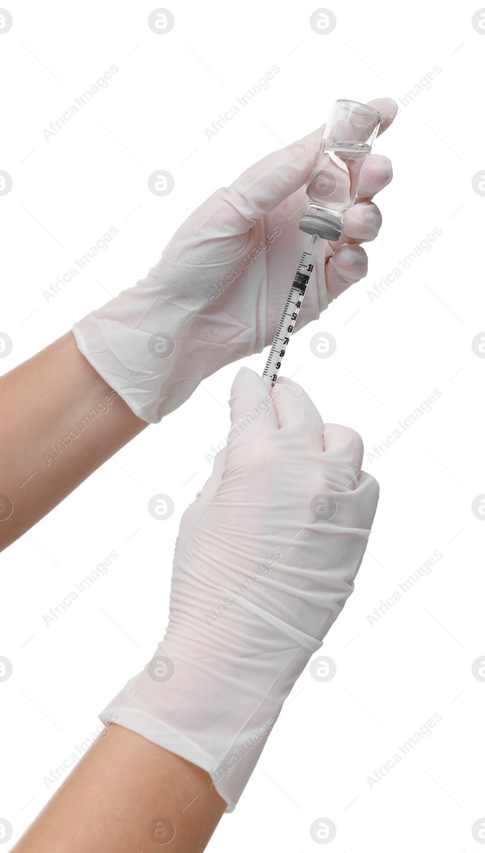 Photo of Doctor filling syringe with medication from glass vial on white background, closeup