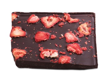 Half of chocolate bar with freeze dried strawberries isolated on white