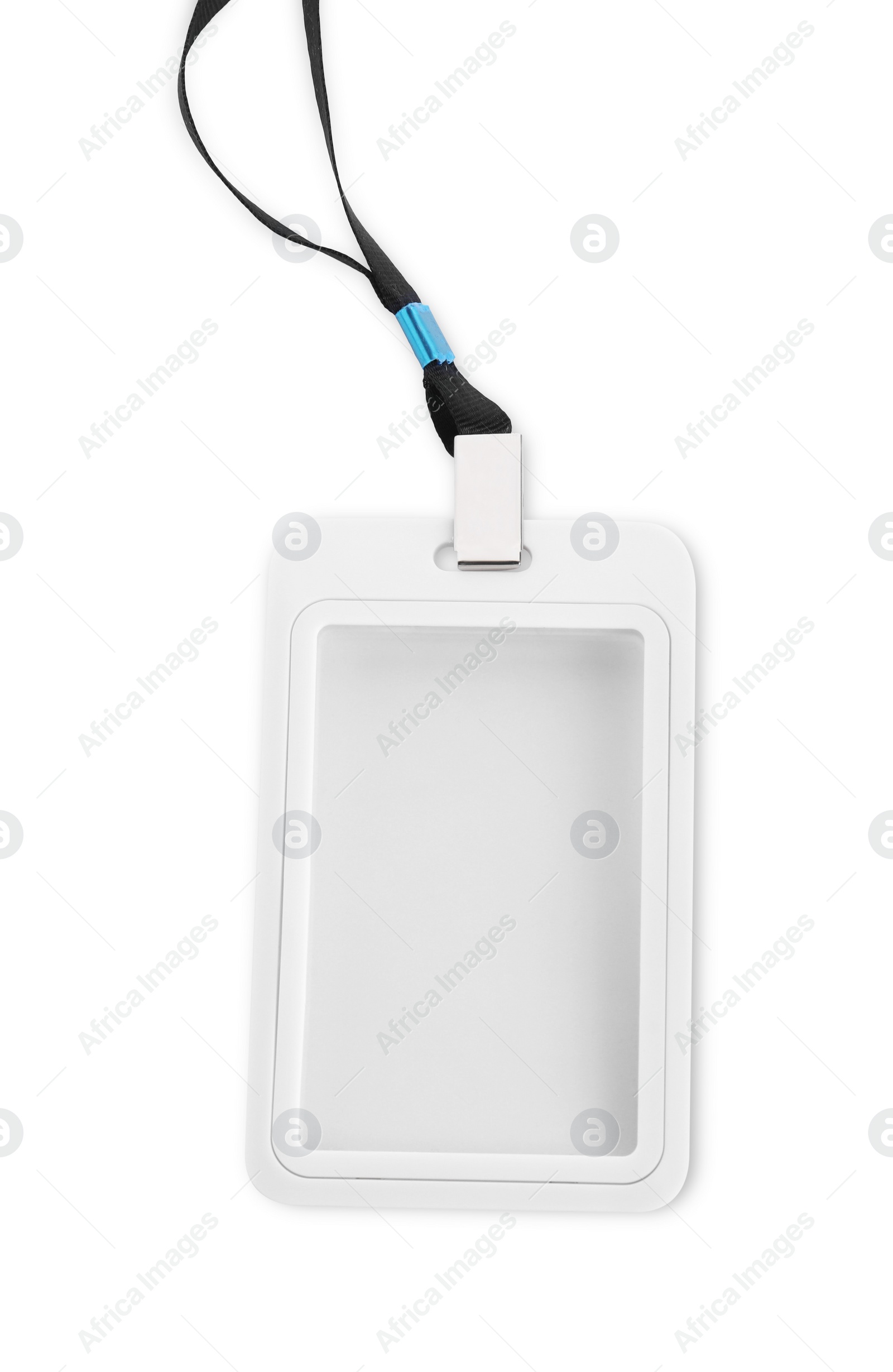 Photo of Blank badge with black string isolated on white, top view