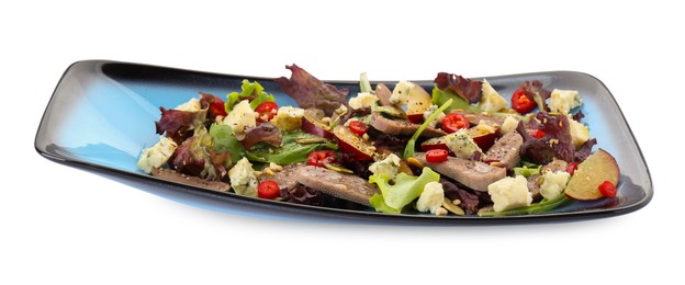 Delicious salad with beef tongue and cheese isolated on white