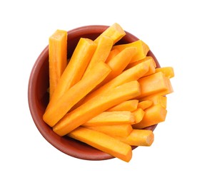 Bowl of delicious carrot sticks isolated on white, top view