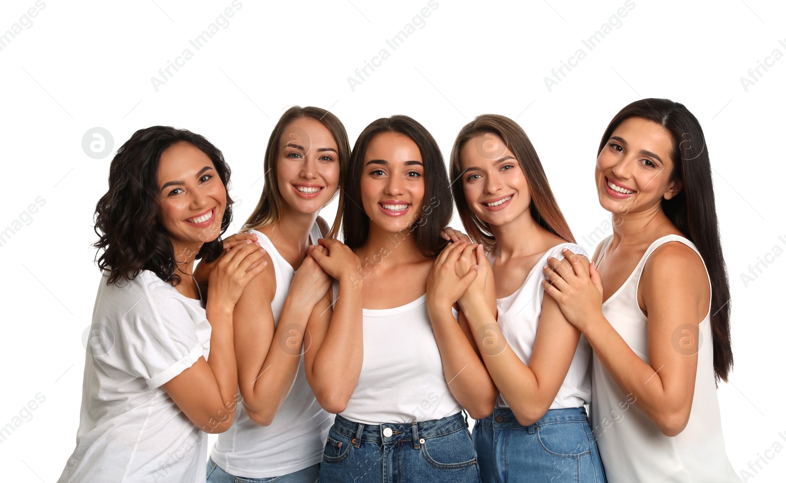 Photo of Happy women on white background. Girl power concept