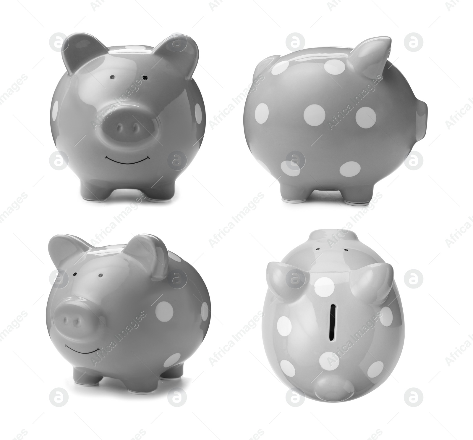 Set with ceramic piggy bank on white background Image of Set with ceramic piggy bank on white background
