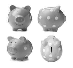 Image of Set with ceramic piggy bank on white background