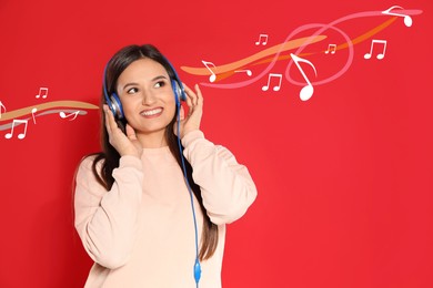 Beautiful happy woman listening to music on red background. Music notes illustrations flowing from headphones