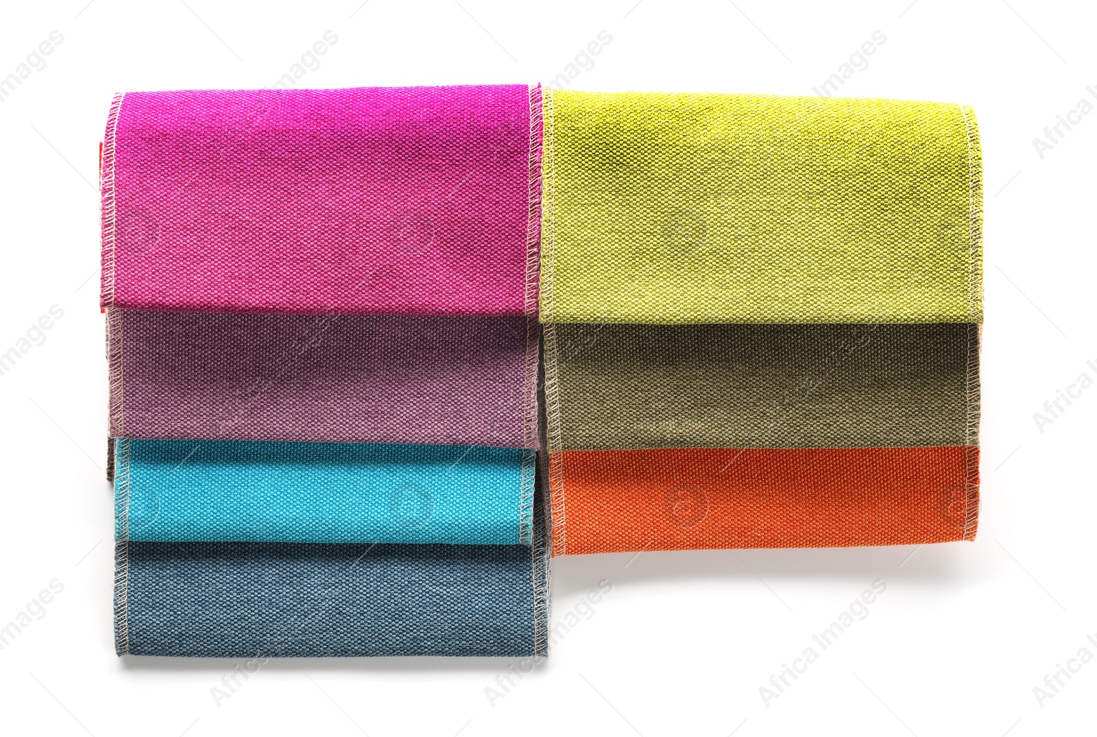 Photo of Fabric samples of different colors for interior design on white background