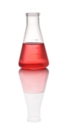 Erlenmeyer flask with color liquid isolated on white. Solution chemistry