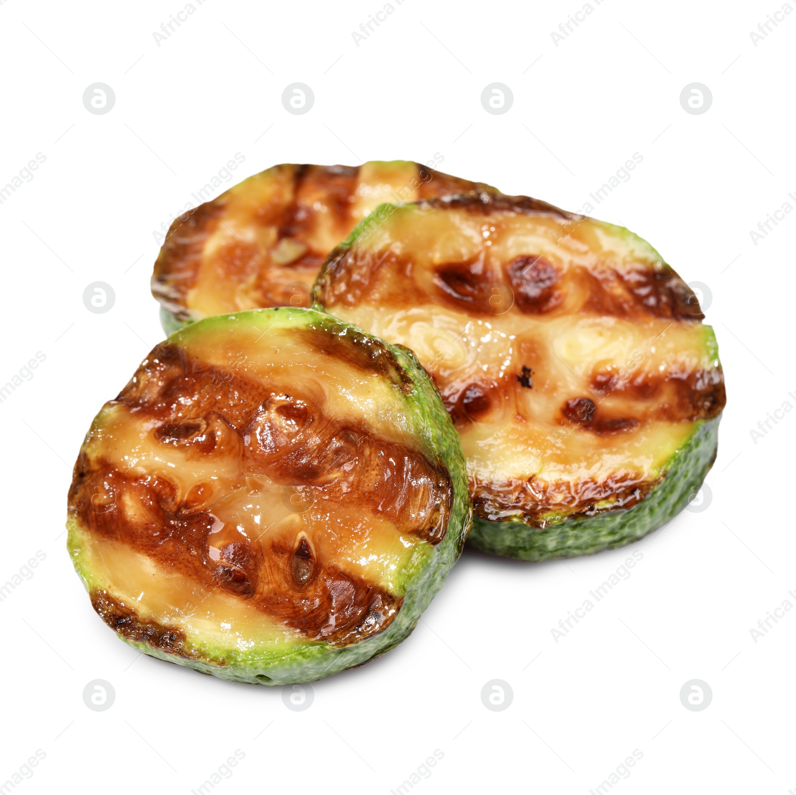 Photo of Slices of delicious grilled zucchini isolated on white