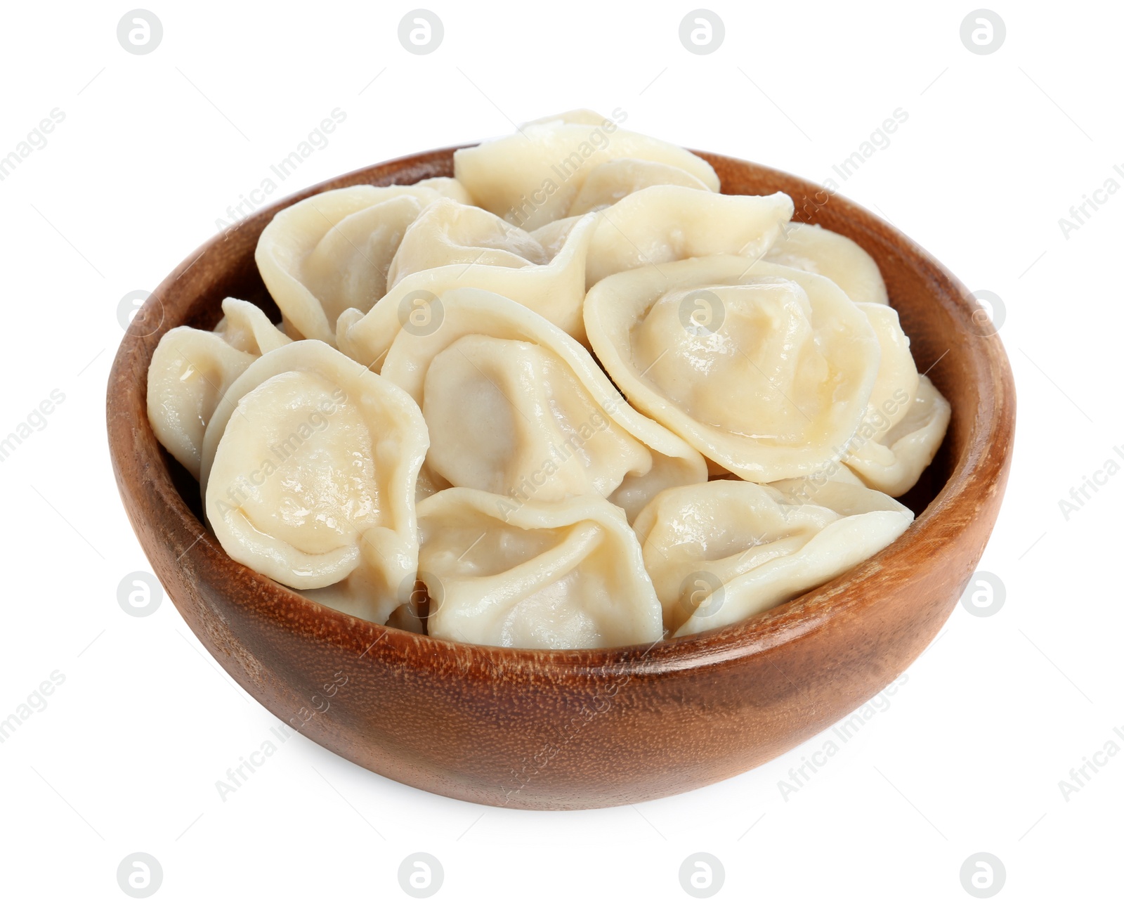 Photo of Tasty dumplings in bowl isolated on white