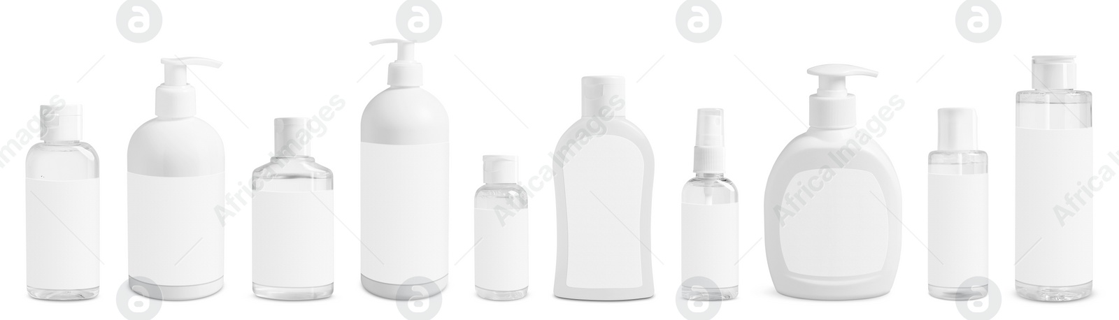 Image of Set of cosmetic bottles with skin care products isolated on white