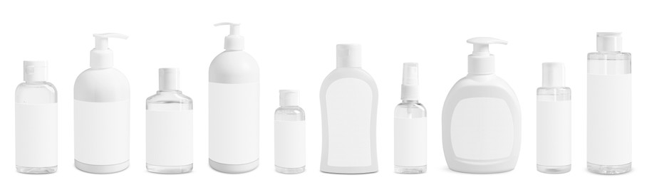 Image of Set of cosmetic bottles with skin care products isolated on white