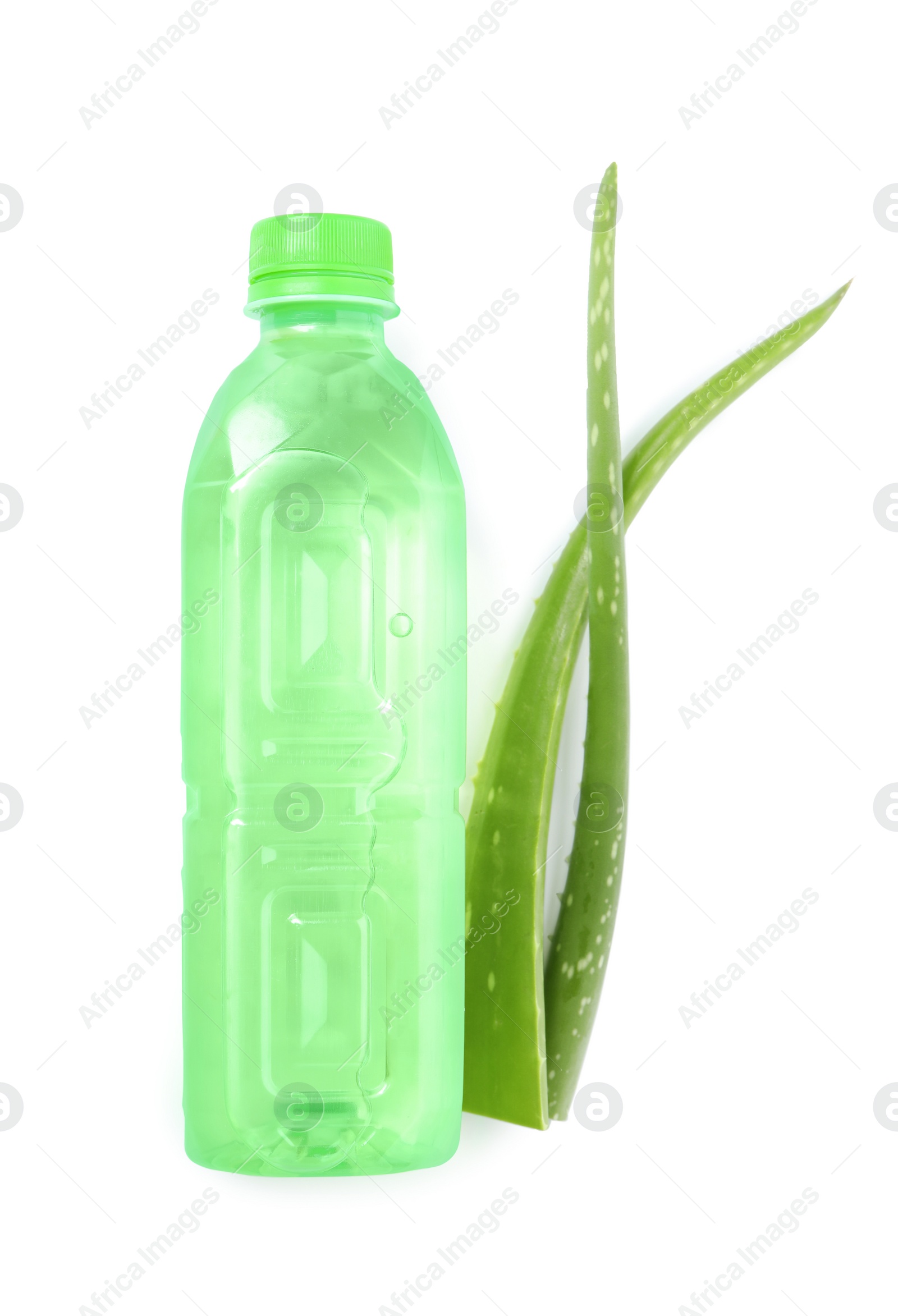 Photo of Bottle with fresh aloe drink and leaves on white background, top view