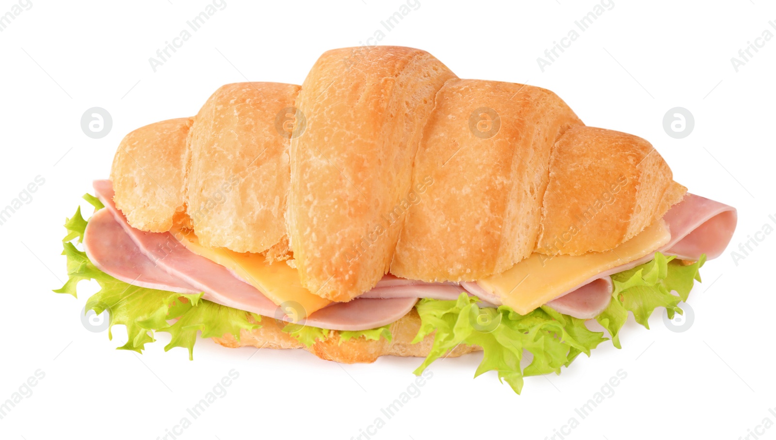 Photo of Tasty croissant sandwich with ham isolated on white