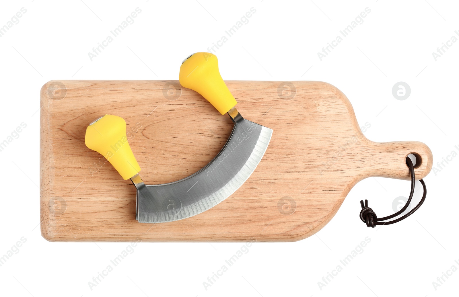 Photo of Mezzaluna knife with wooden board isolated on white, top view