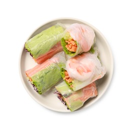 Photo of Plate of different delicious spring rolls wrapped in rice paper isolated on white, top view