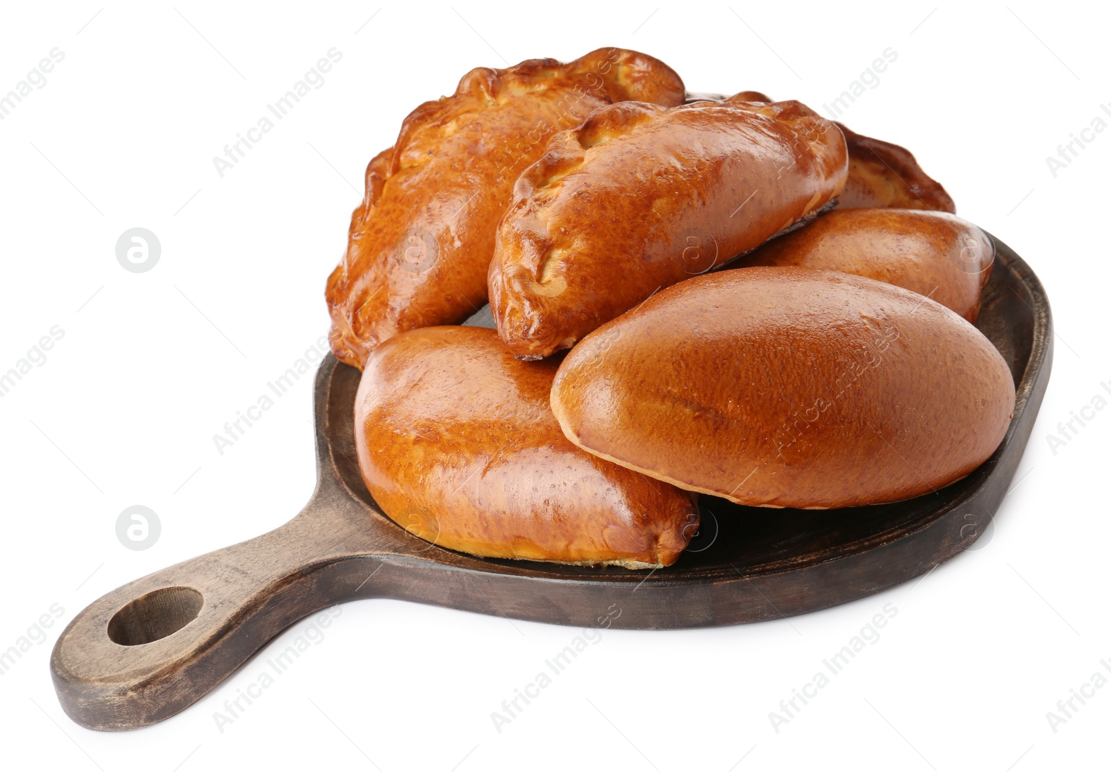 Photo of Wooden board with delicious baked patties on white background