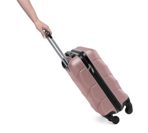 Photo of Woman with stylish suitcase on white background, closeup