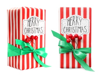 Image of Collage with Christmas gift box on white background, view from different sides