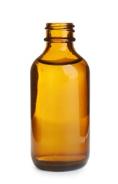 Photo of Little glass bottle with essential oil on white background