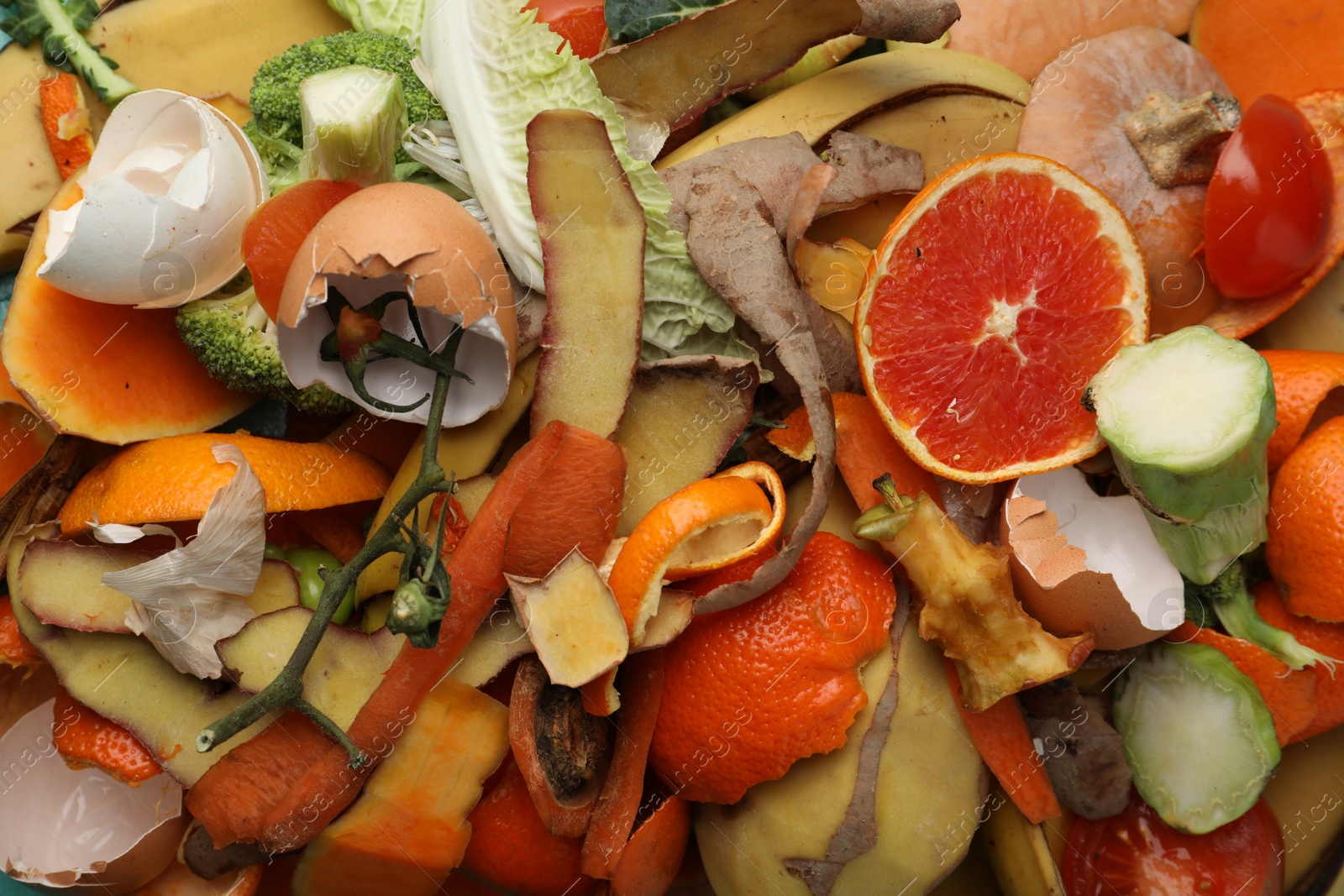 Photo of Pile of organic waste for composting as background, closeup