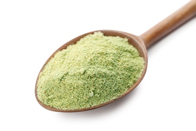 Spoon of hemp protein powder isolated on white