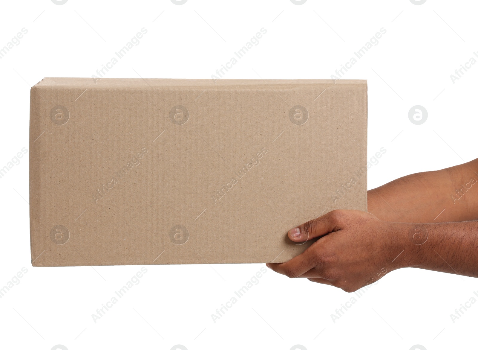 Photo of Courier with parcel on white background, closeup