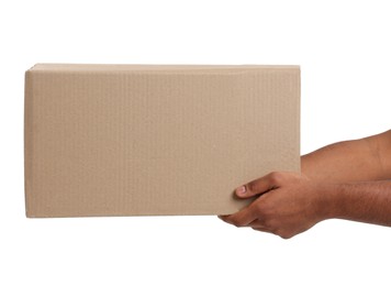 Photo of Courier with parcel on white background, closeup