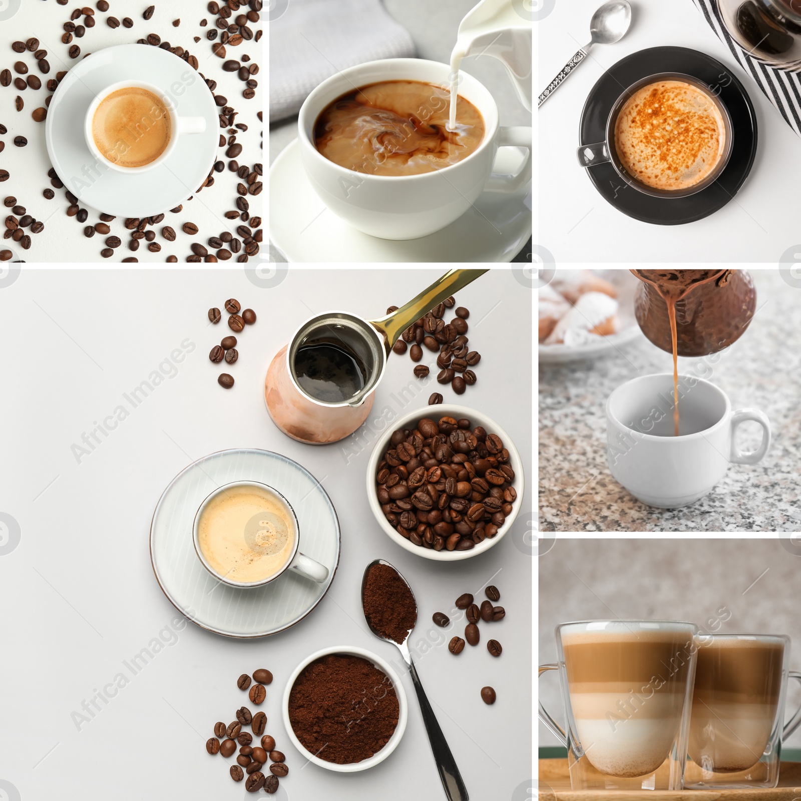 Image of Beautiful collage with different photos of aromatic coffee