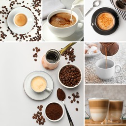 Beautiful collage with different photos of aromatic coffee