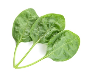 Fresh green healthy baby spinach leaves isolated on white, top view