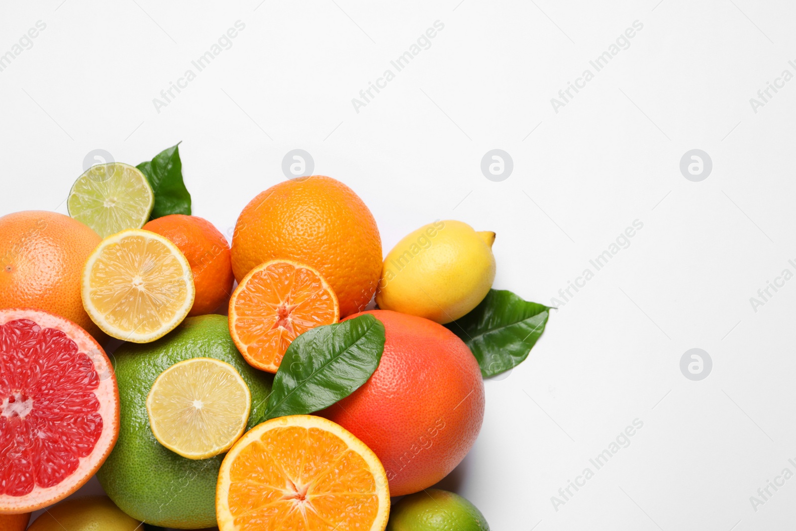 Photo of Different citrus fruits with fresh leaves on white background, top view. Space for text