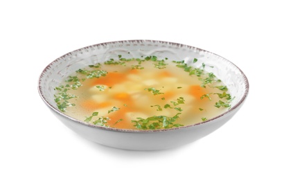 Photo of Bowl of fresh homemade soup to cure flu on white background