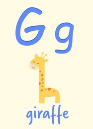 Learning English alphabet. Card with letter G and giraffe, illustration
