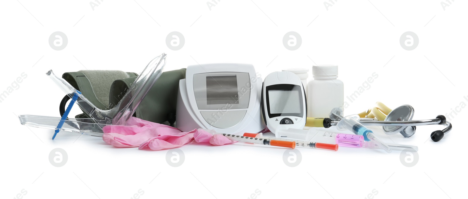 Photo of Different medical objects on white background. Health care