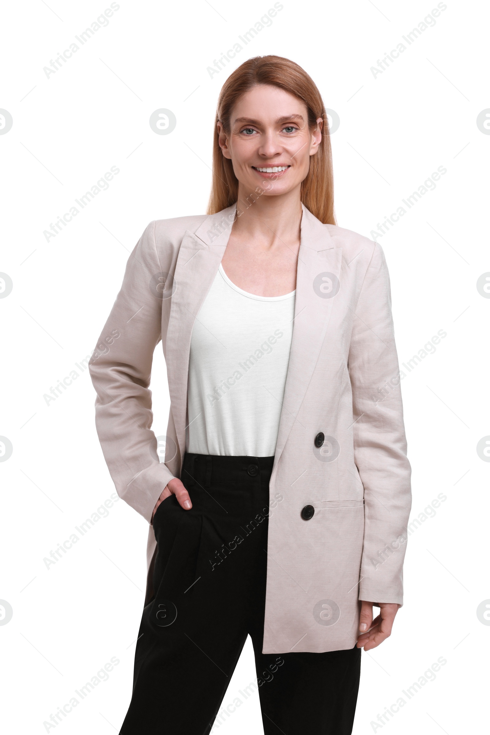 Photo of Portrait of beautiful happy businesswoman on white background