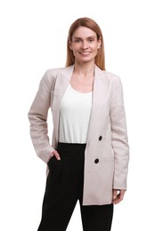 Photo of Portraitbeautiful happy businesswoman on white background