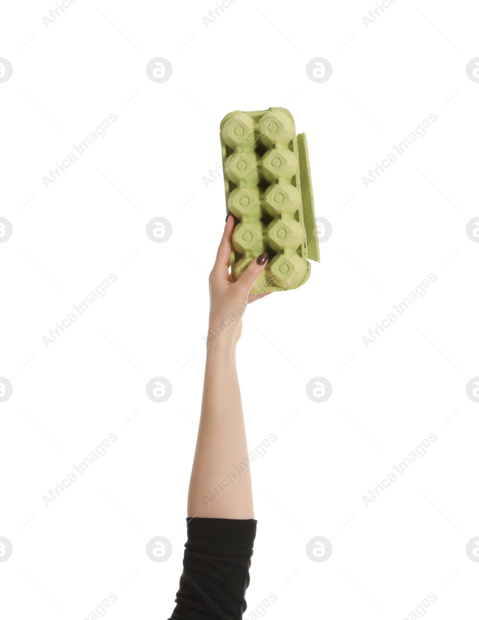 Photo of Woman holding egg carton isolated on white, closeup. Waste recycling concept