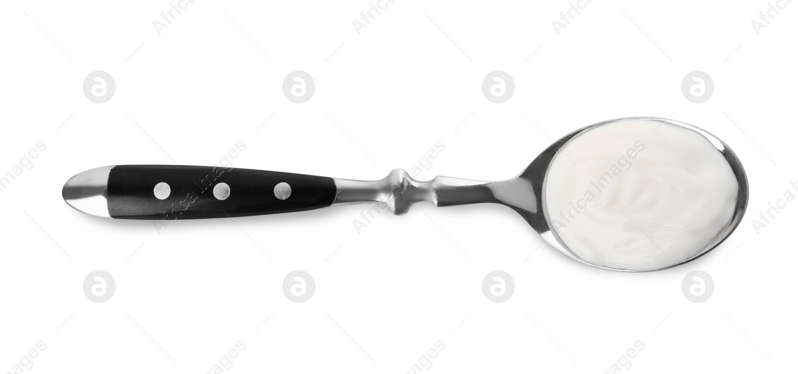 Photo of Spoon with delicious organic yogurt isolated on white, top view