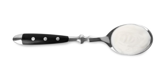 Photo of Spoon with delicious organic yogurt isolated on white, top view