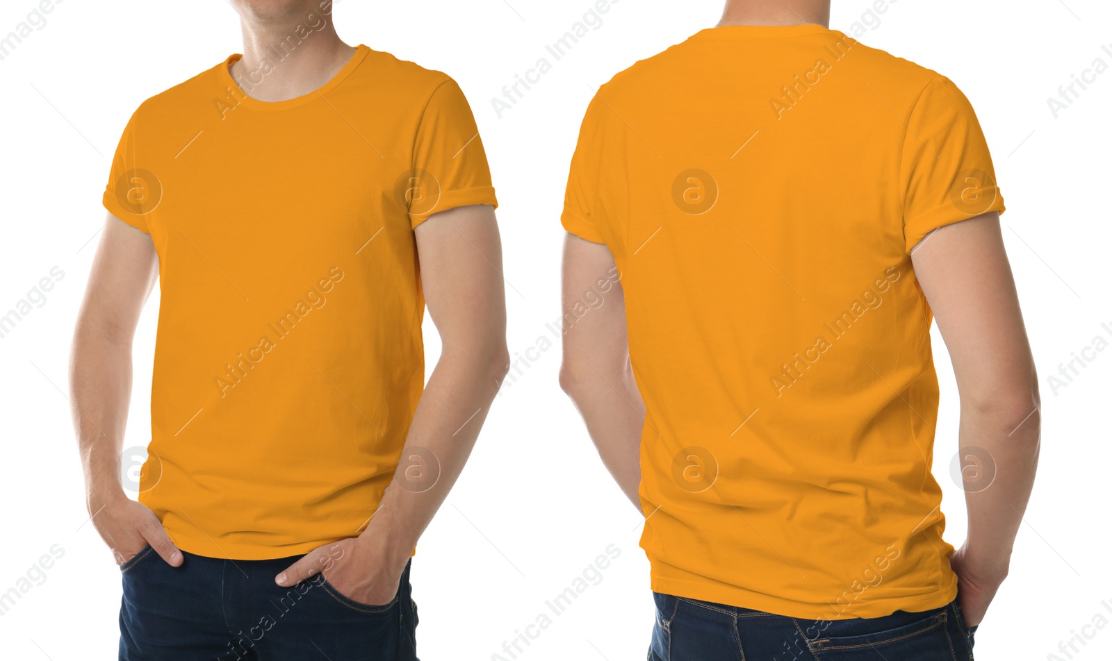 Image of Man wearing orange t-shirt on white background, back and front view. Mockup for design