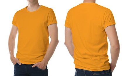 Image of Man wearing orange t-shirt on white background, back and front view. Mockup for design