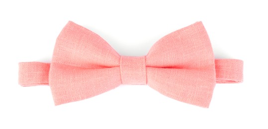 Stylish pink bow tie isolated on white, top view