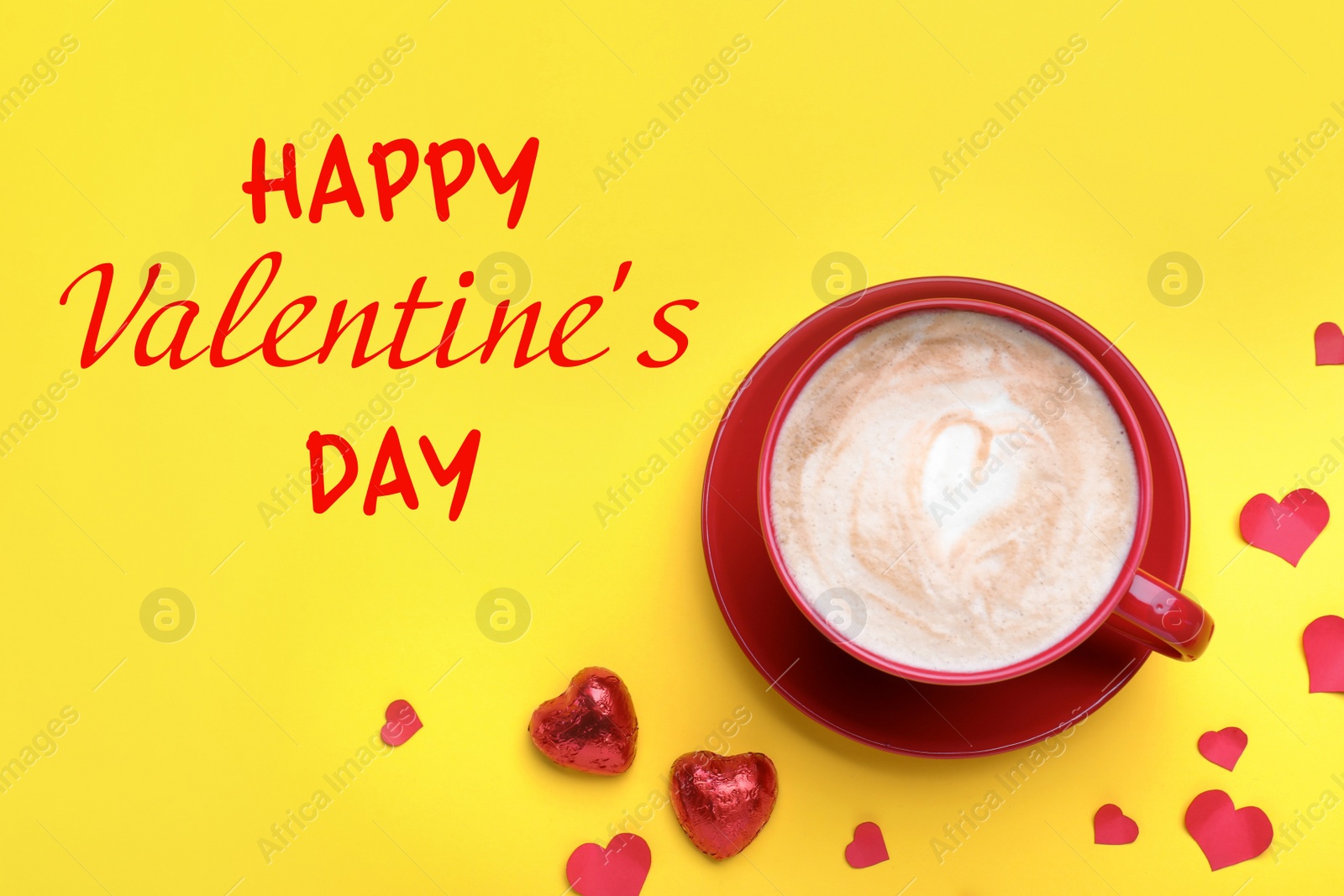 Image of Happy Valentine's Day. Cup of coffee, chocolate candies and paper hearts on yellow background, flat lay 