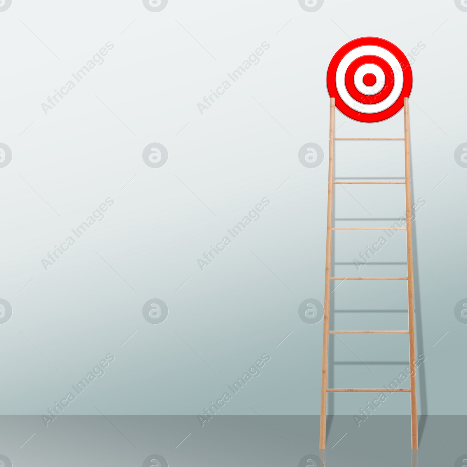 Image of Target and achievement concept. Wooden ladder leading to bullseye near wall