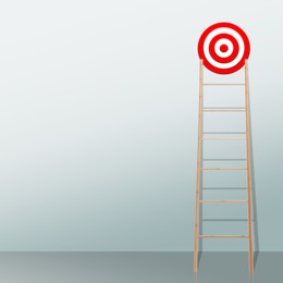 Image of Target and achievement concept. Wooden ladder leading to bullseye near wall