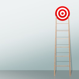 Target and achievement concept. Wooden ladder leading to bullseye near wall