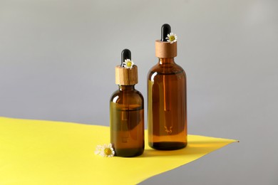 Photo of Bottles of chamomile essential oil and flowers on color background