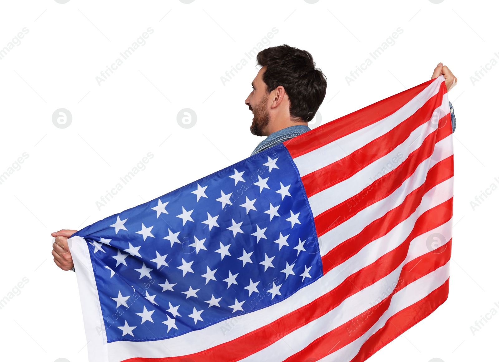 Image of 4th of July - Independence day of America. Man holding national flag of United States on white background