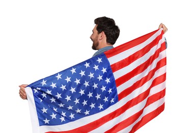 Image of 4th of July - Independence day of America. Man holding national flag of United States on white background